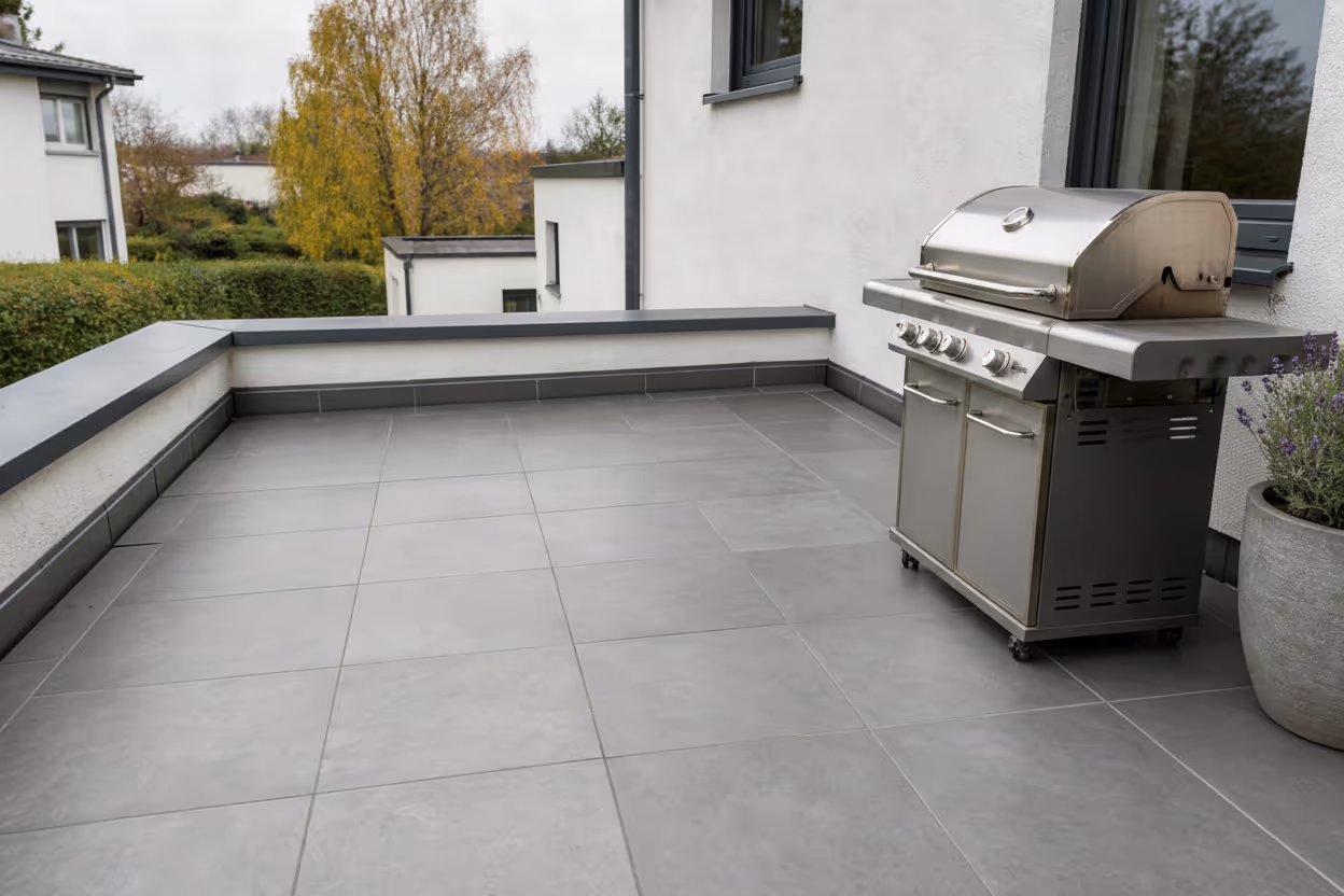 Erneuerte Dachterrasse mit Feinsteinzeug-Platten und Stelzlagern über einer Garage in Berlin-Spandau