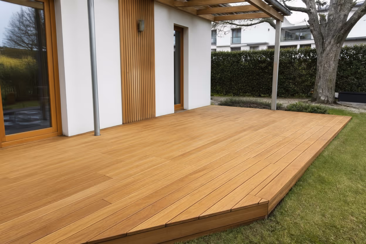 Neue Bangkirai-Holzterrasse nach der Sanierung hinter einem Einfamilienhaus in Bernau