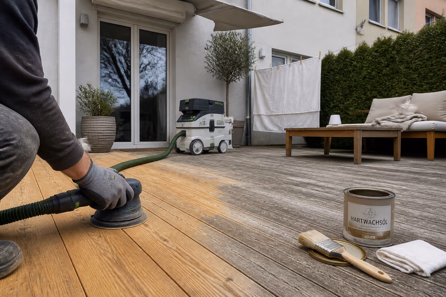 Holzterrasse wird im Bestand abgeschliffen und neu geölt — Sanierung hinter einem Reihenmittelhaus in Pankow
