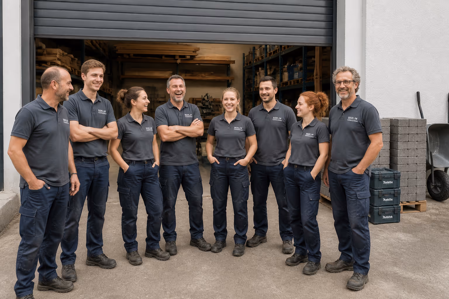 Team von Traumterrasse Berlin vor der eigenen Lagerhalle und Werkstatt auf einem Berliner Gewerbehof